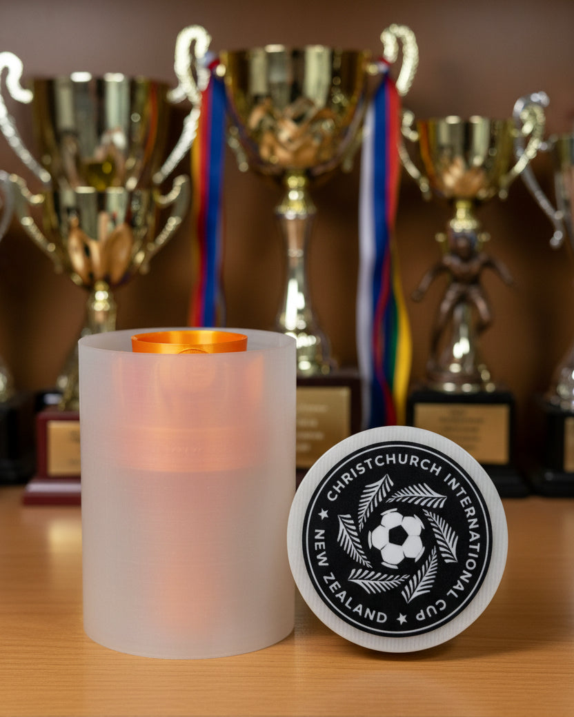 Cylindrical container with gold interior and white exterior, next to a round black and white logo on a white background