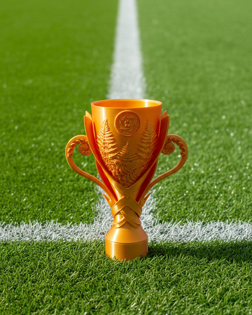 Gold trophy with intricate design on a white background