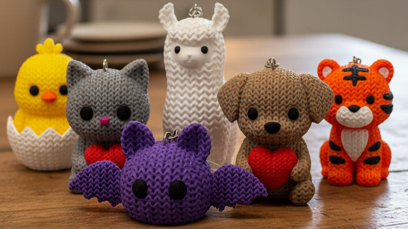 Collection of colorful crochet animals on a white background