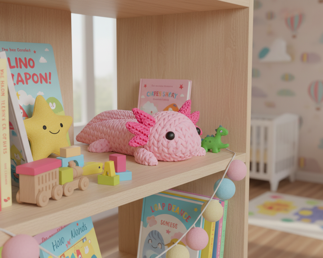 Pink axolotl plush toy on a light gray background