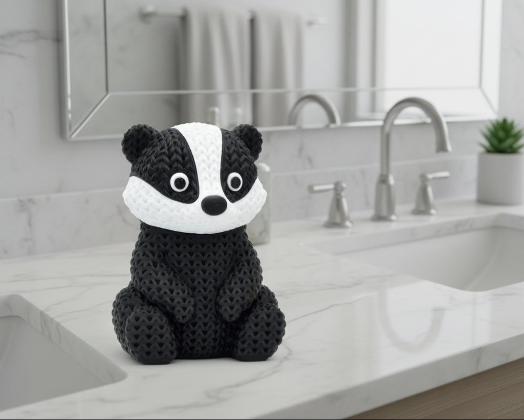 Black and white badger plush toy on a light gray background