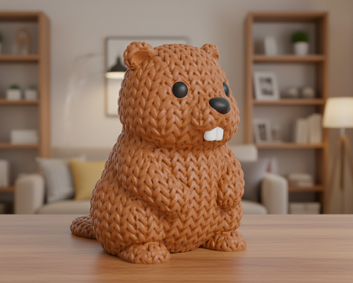 Knitted toy beaver on a light gray background