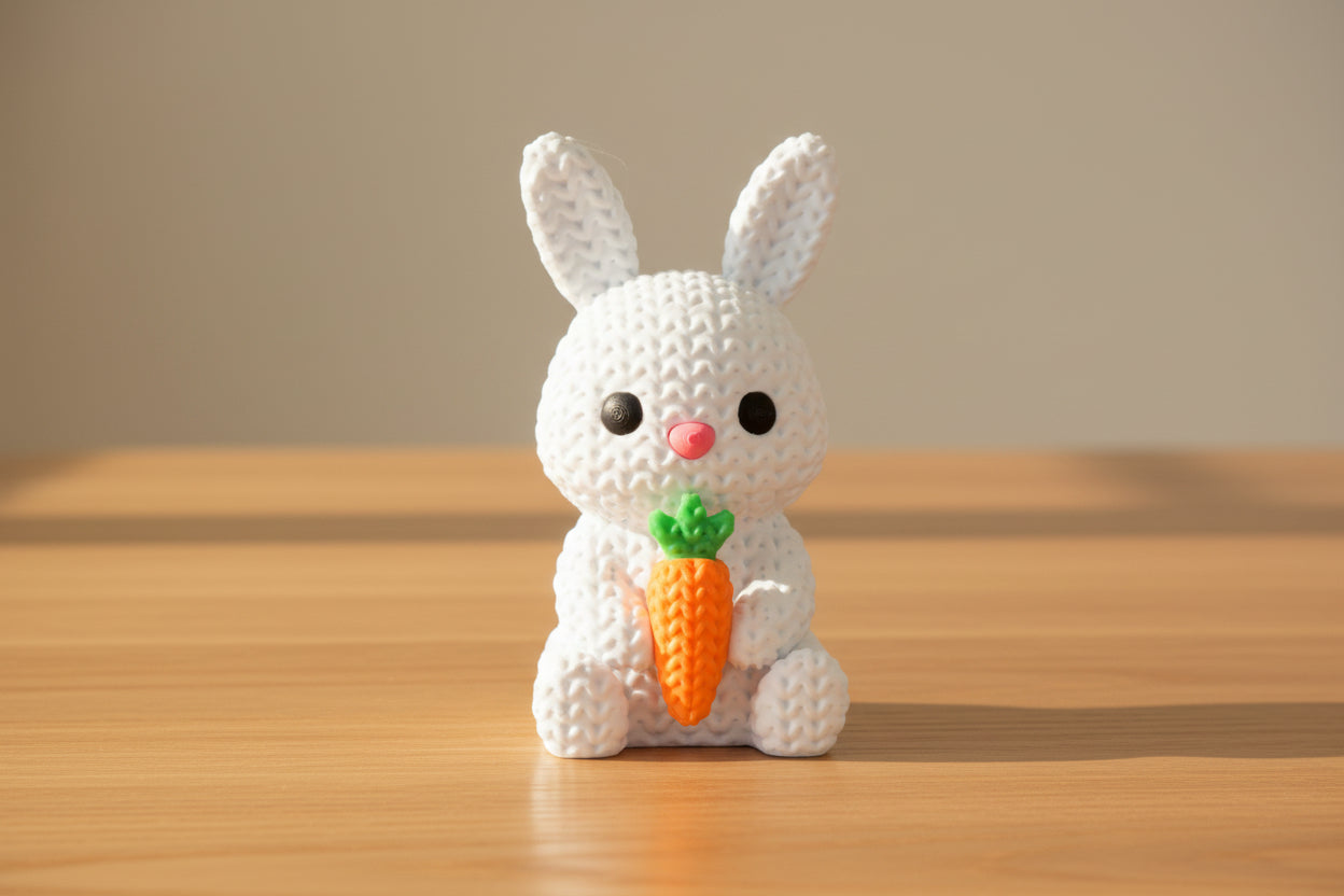 White crochet bunny with a carrot on a gray background