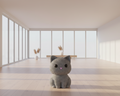 Knitted gray cat toy with black eyes and a pink nose on a light gray background