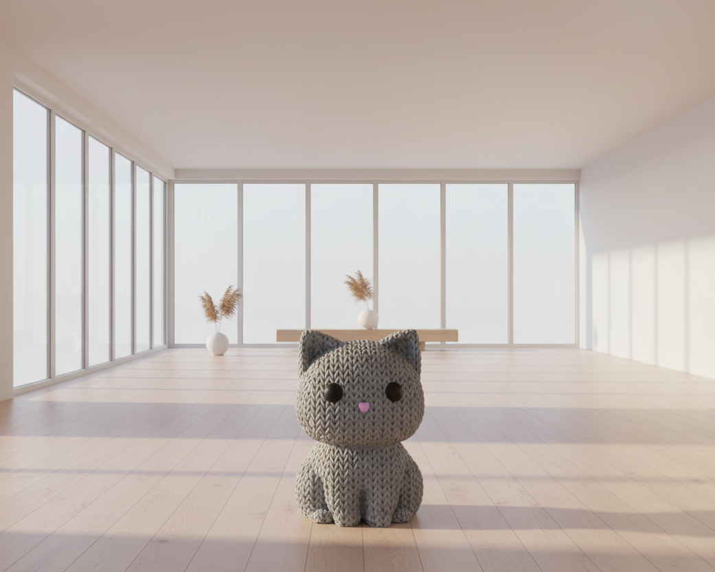 Knitted gray cat toy with black eyes and a pink nose on a light gray background