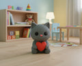 Gray crochet cat with a red heart on a white background