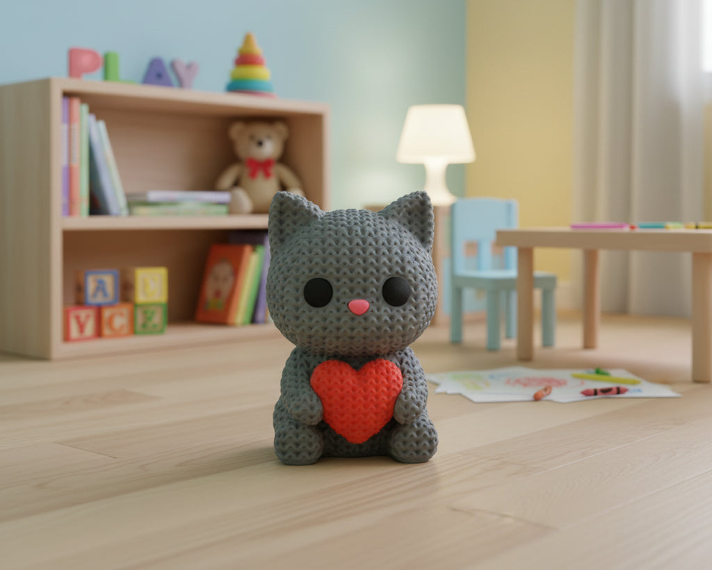 Gray crochet cat with a red heart on a white background