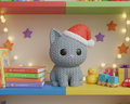 Crocheted cat toy with a Santa hat on a light gray background