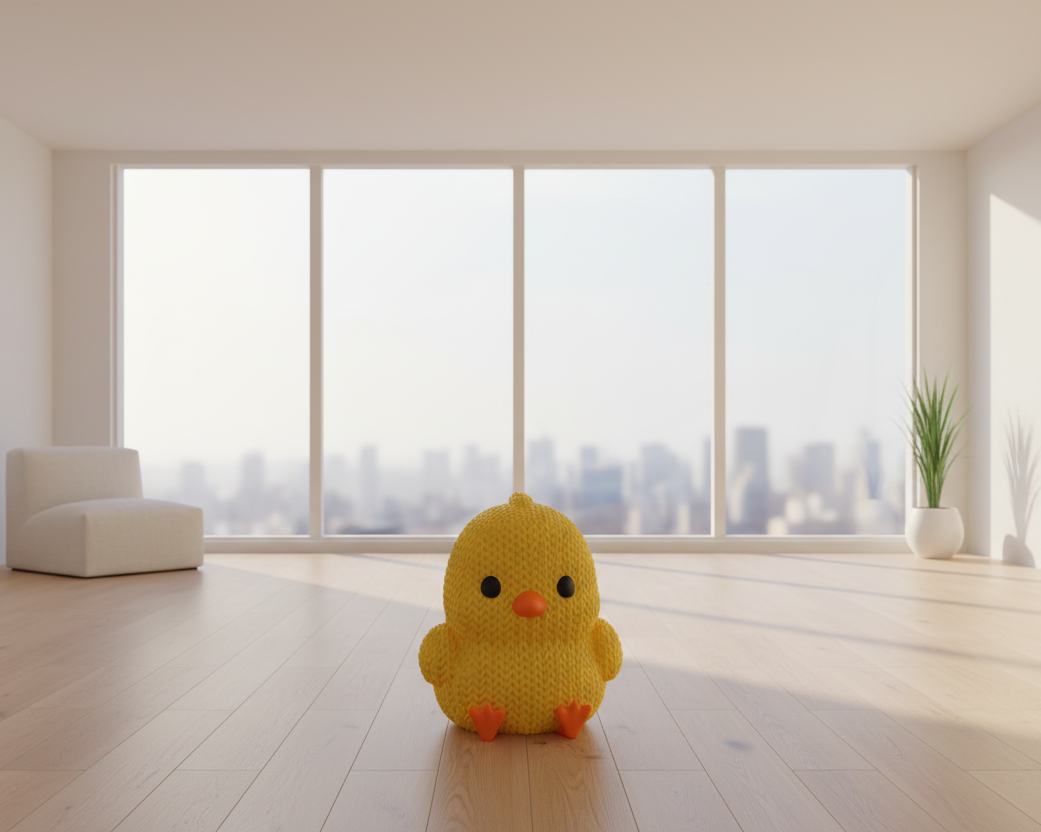 Yellow knitted chick toy on a light gray background