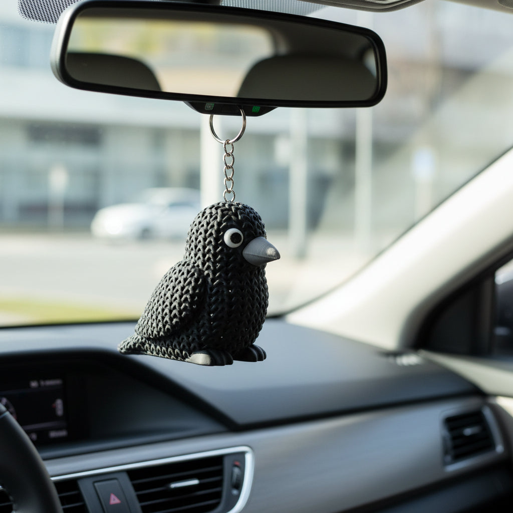 Black textured penguin toy on a white background