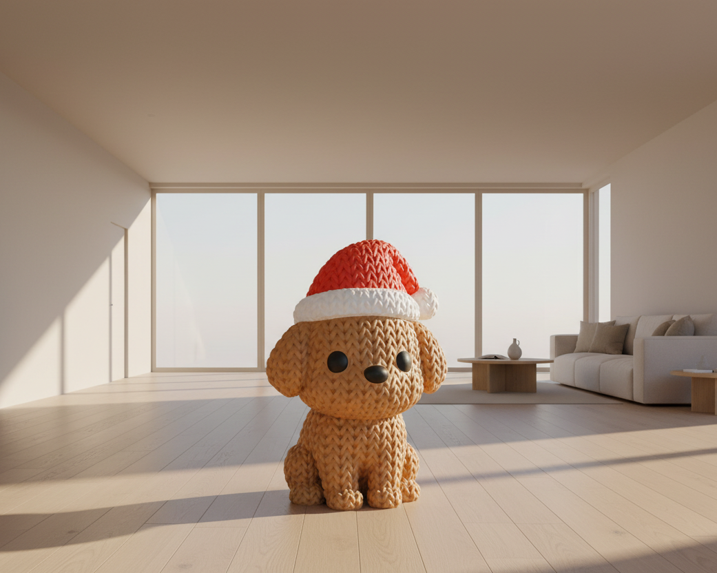 Knitted dog toy with a Santa hat on a light blue background