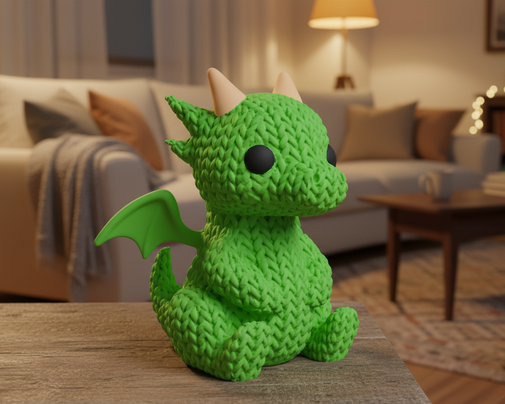 Green knitted dragon toy on a light gray background