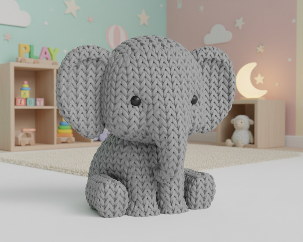 Knitted gray elephant toy on a light gray background