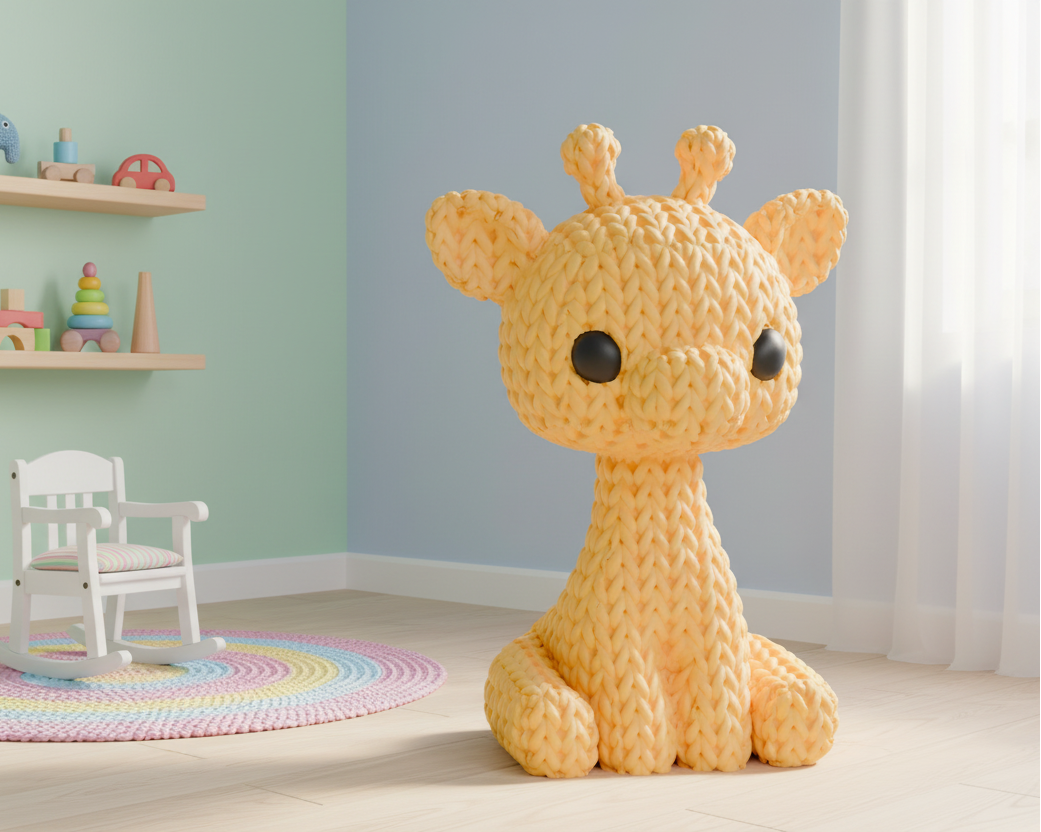 Knitted giraffe toy on a light gray background