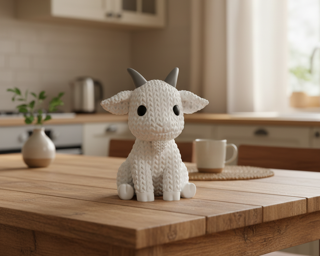 White goat figurine with black eyes and gray horns on a beige background
