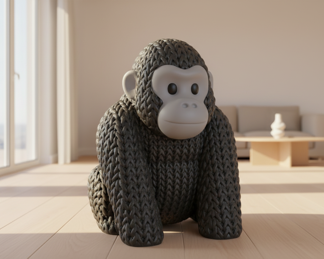 Knitted gorilla toy on a light gray background