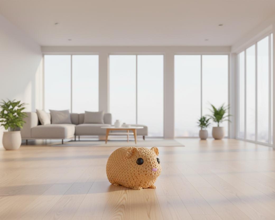 Knitted hamster toy on a light gray background