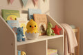 Crocheted yellow chick in an egg on a light gray background