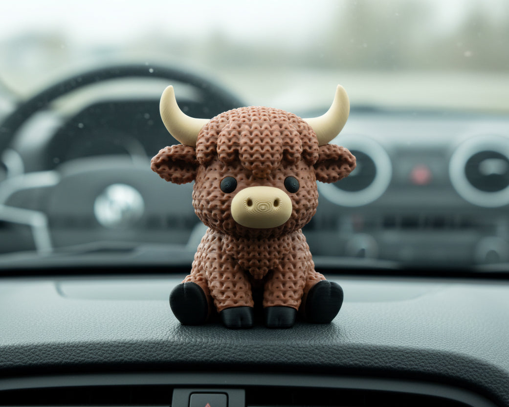 Crocheted toy bull on a white background