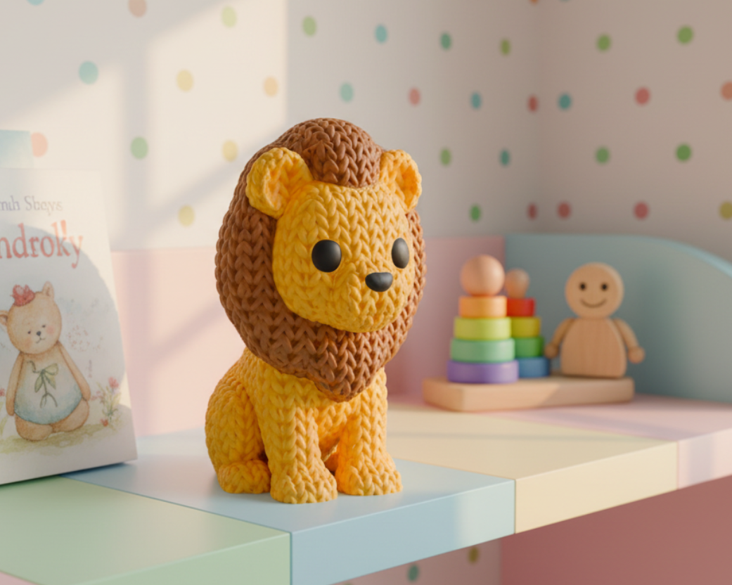 Crocheted lion toy on a light gray background