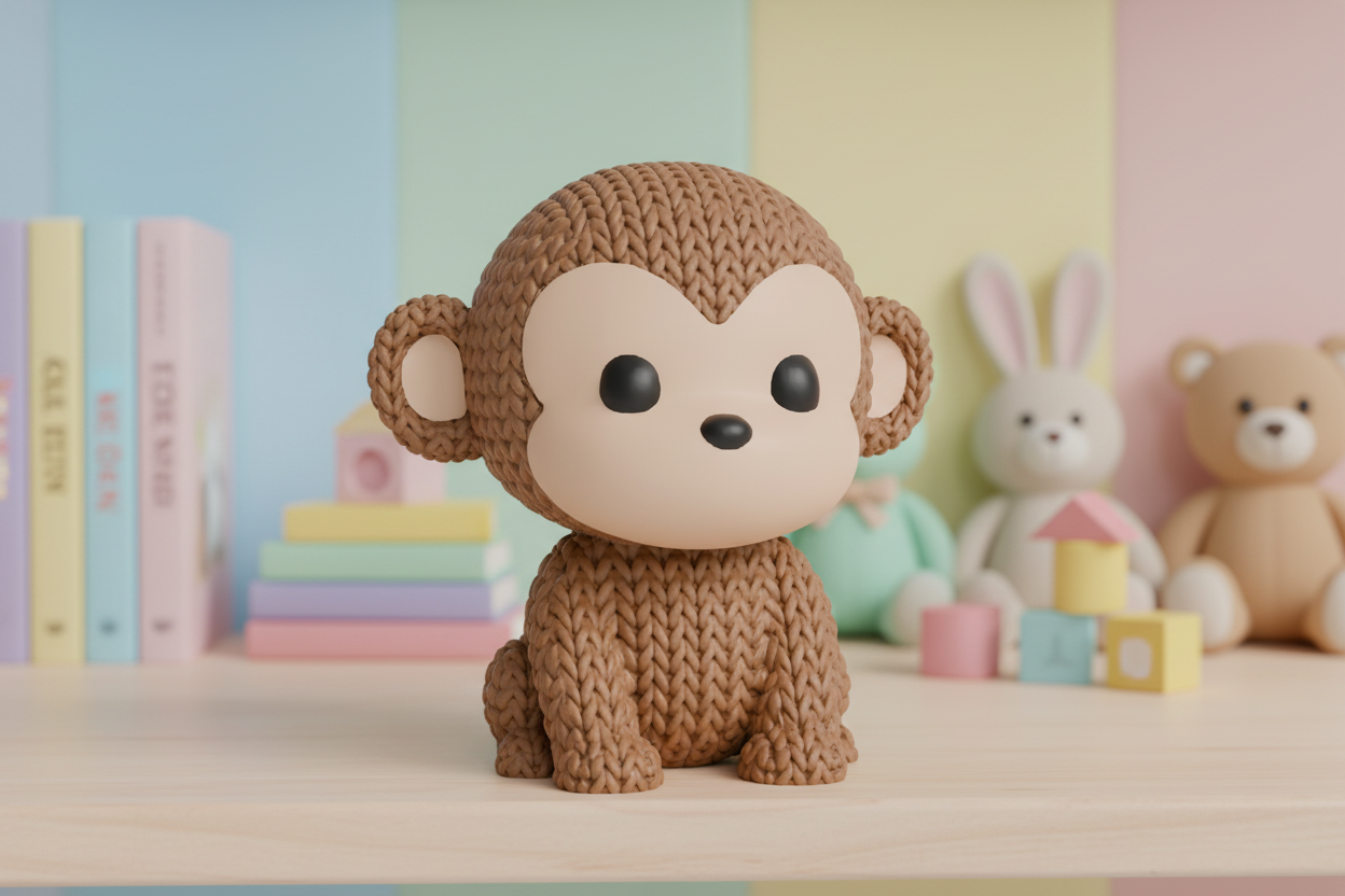 Knitted monkey toy on a light gray background
