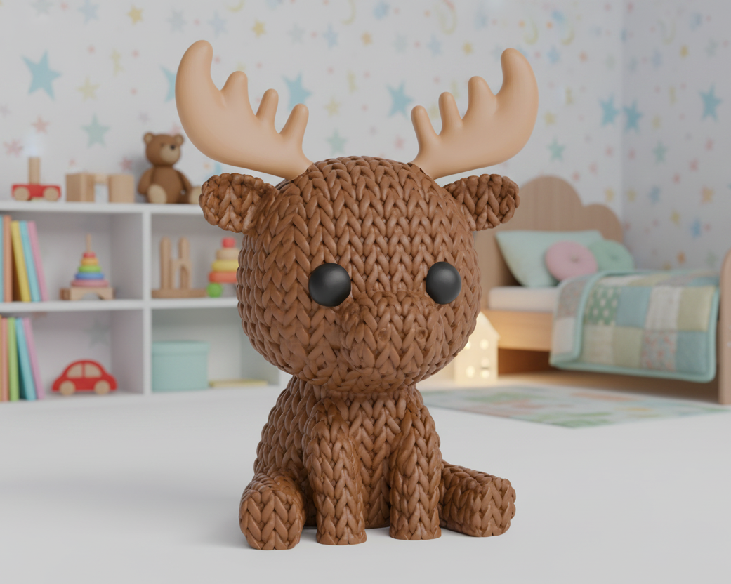 Knitted moose toy on a light gray background