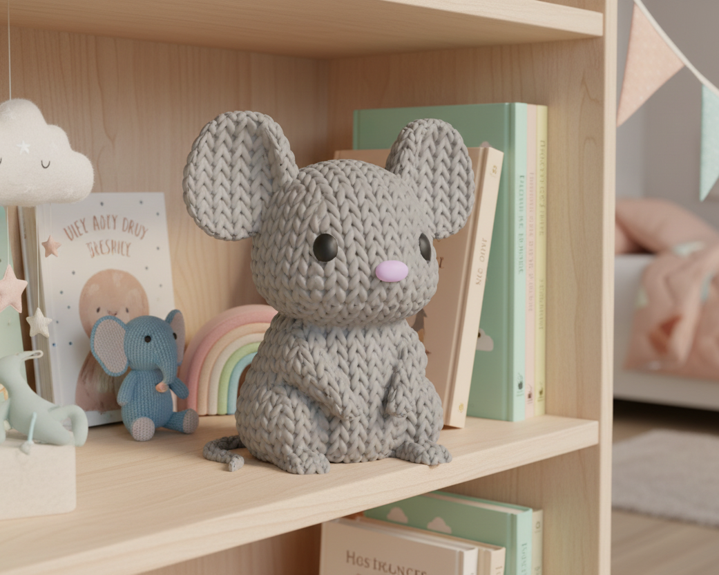 Gray knitted mouse toy on a light gray background