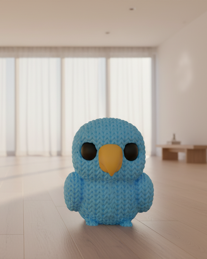 Blue bird-shaped object with a yellow beak on a light gray background