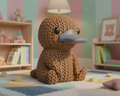 Knitted duck toy on a light gray background