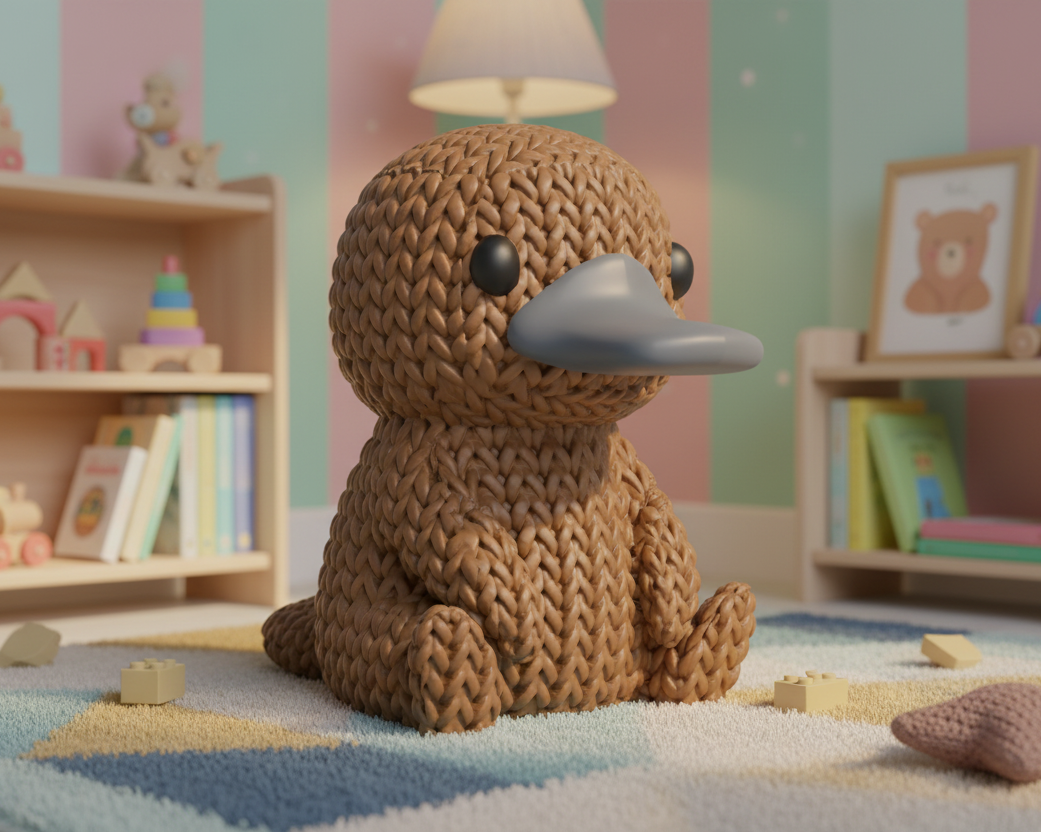 Knitted duck toy on a light gray background
