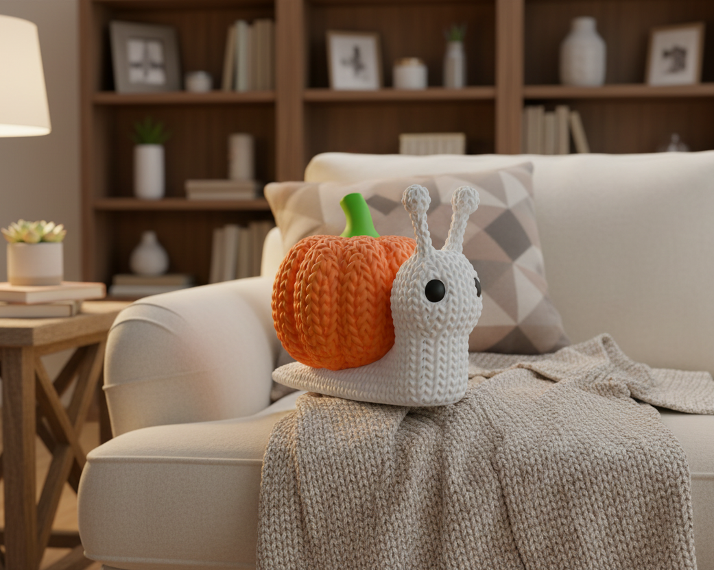 Knitted pumpkin and snail figure on a black background