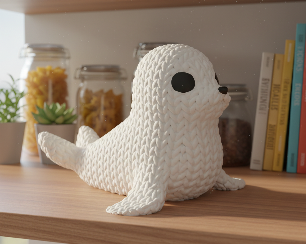 White textured seal toy on a light blue background
