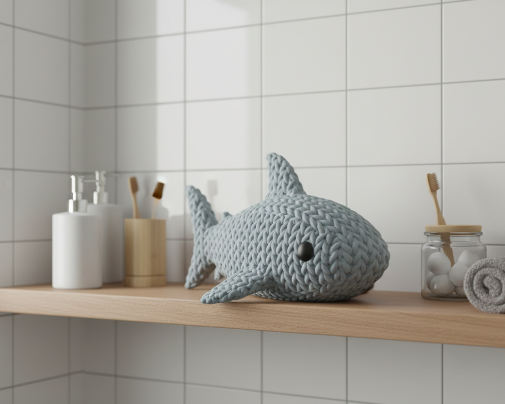 Knitted shark toy on a light gray background