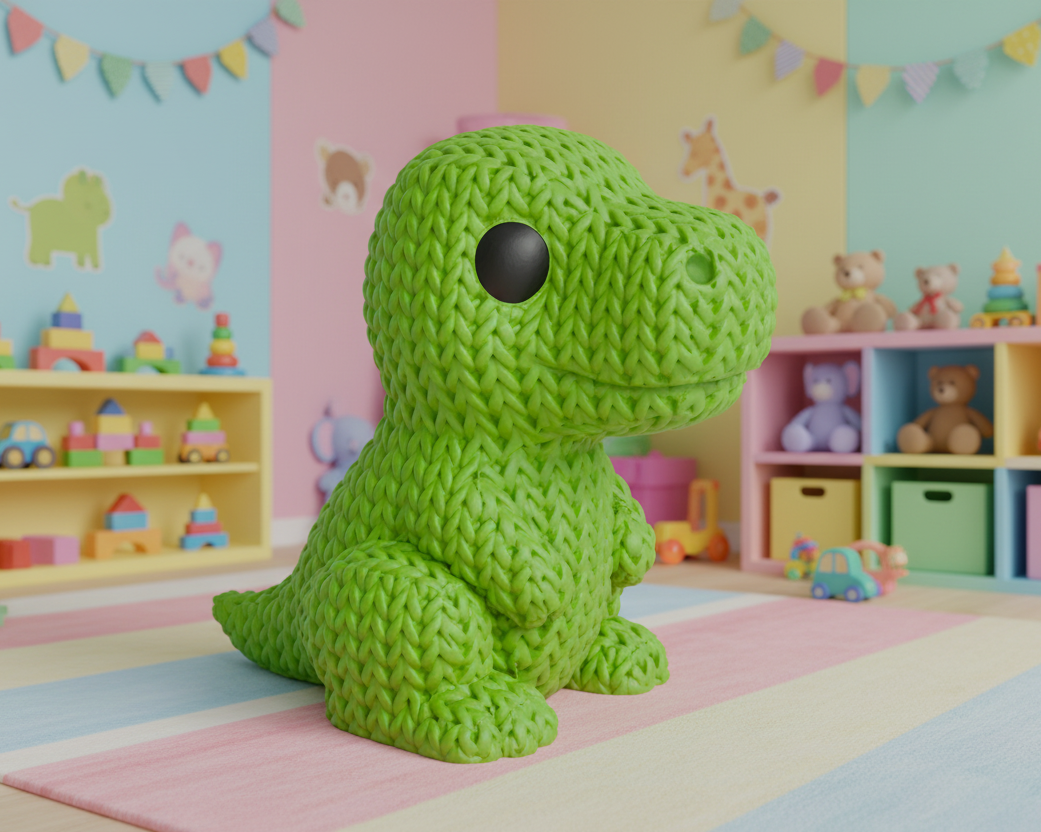 Green knitted dinosaur toy on a light gray background