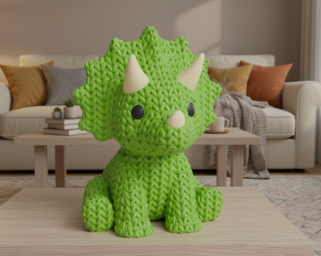 Green knitted dinosaur toy on a light gray background