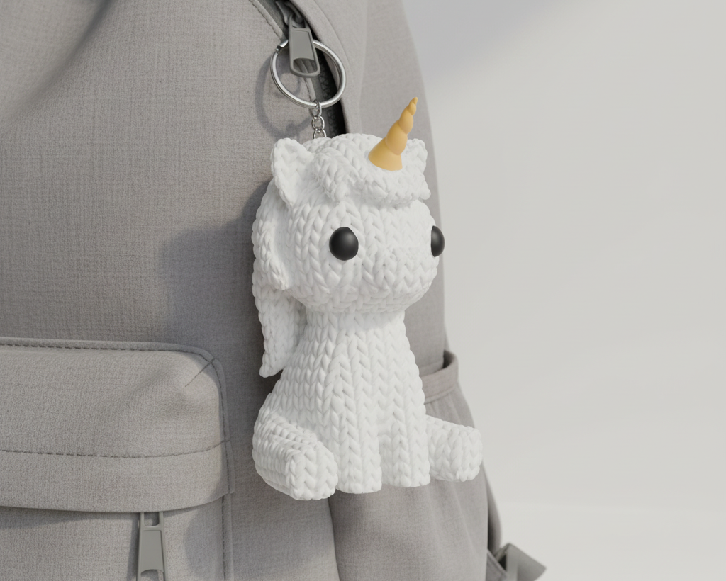White unicorn plush toy with a yellow horn on a pink background