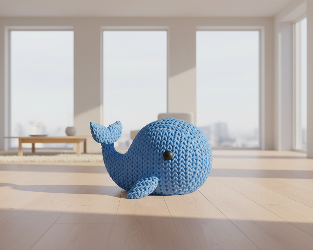 Blue knitted whale toy on a light gray background