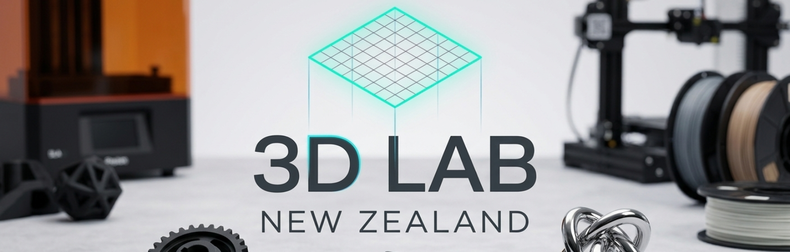 3D printing lab setup with 3D printer, filament spool, and printed objects on a light background.