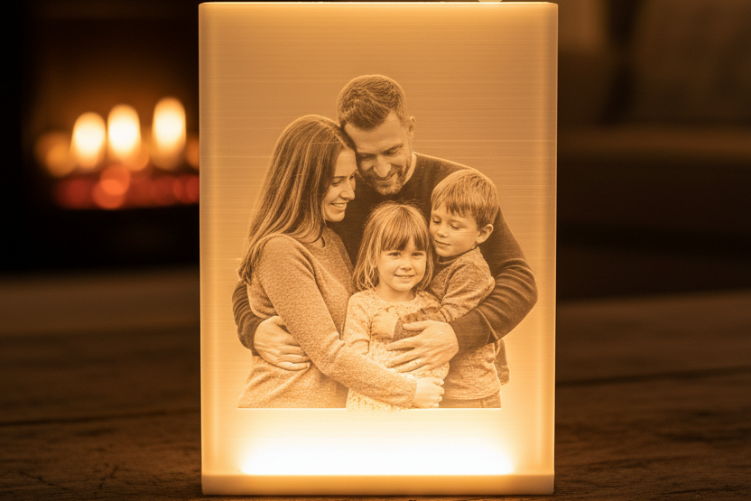 Luminous photo frame with a family portrait on a wooden surface, with a fireplace and string lights in the background.